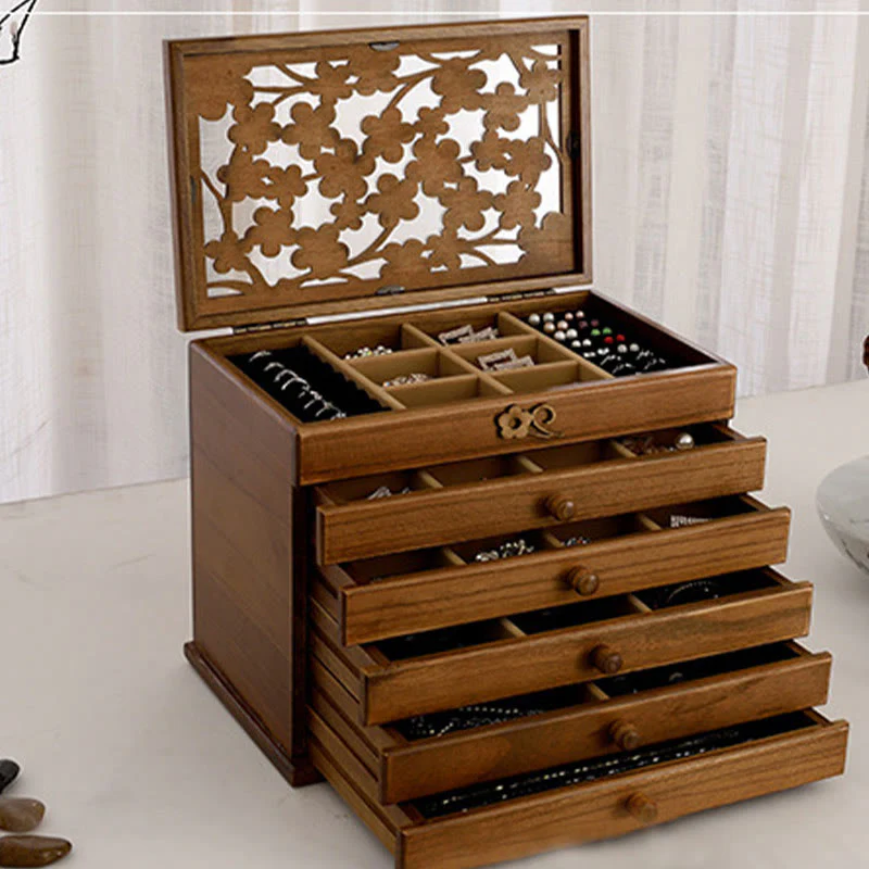 Six-Layer Wooden Jewelry Box with Vintage Plum Blossom Carvings - Image 21