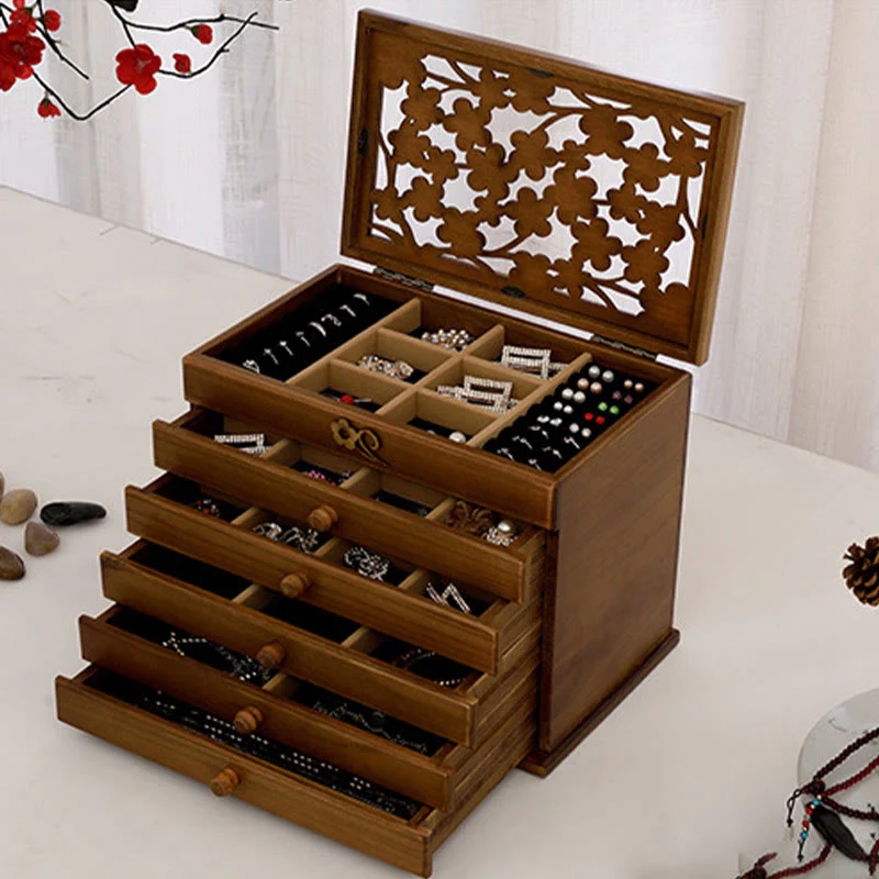 Six-Layer Wooden Jewelry Box with Vintage Plum Blossom Carvings - Image 22