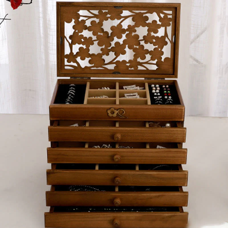 Six-Layer Wooden Jewelry Box with Vintage Plum Blossom Carvings - Image 23