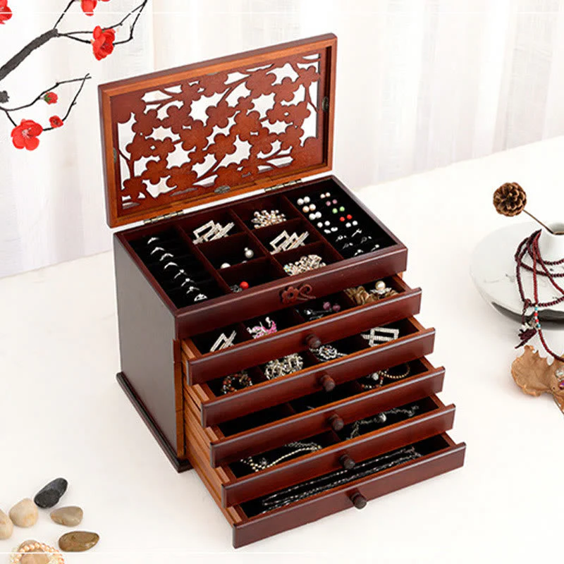 Six-Layer Wooden Jewelry Box with Vintage Plum Blossom Carvings - Image 3