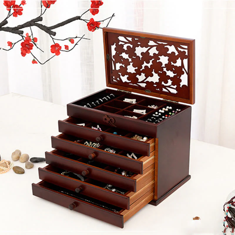 Six-Layer Wooden Jewelry Box with Vintage Plum Blossom Carvings - Image 4