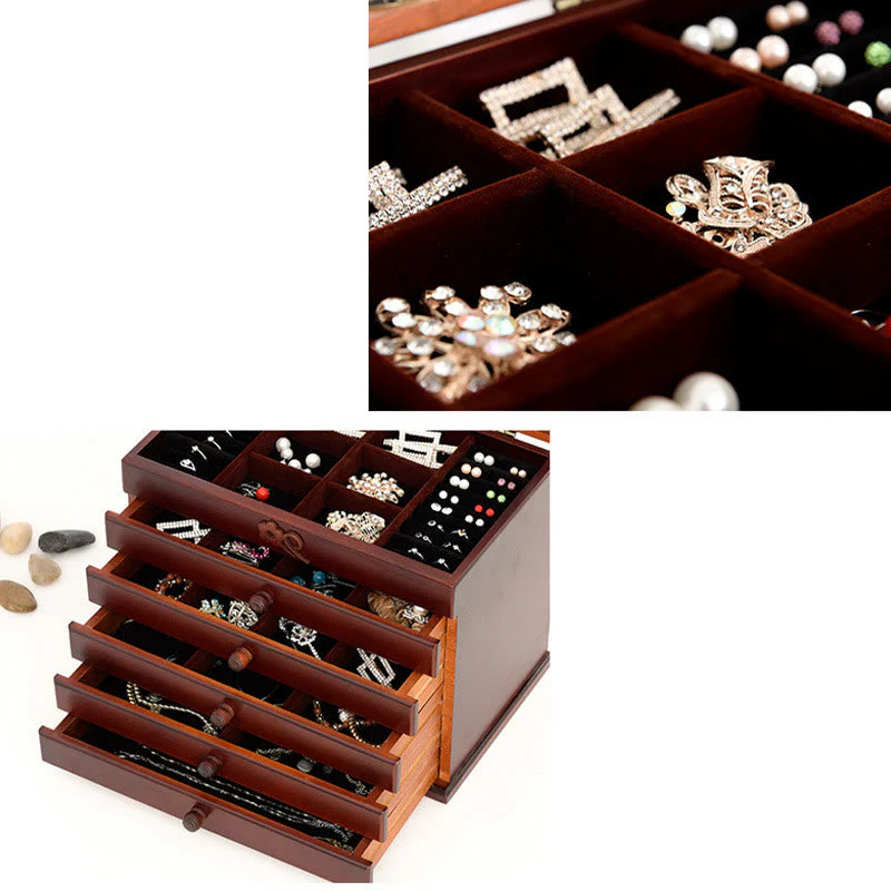 Six-Layer Wooden Jewelry Box with Vintage Plum Blossom Carvings - Image 7