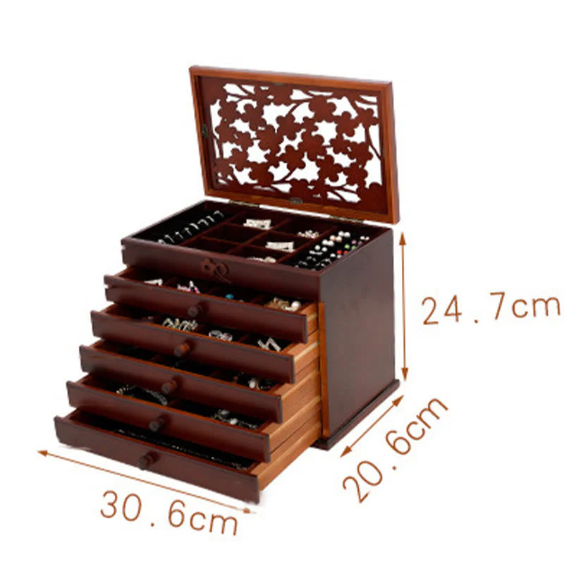 Six-Layer Wooden Jewelry Box with Vintage Plum Blossom Carvings - Image 8