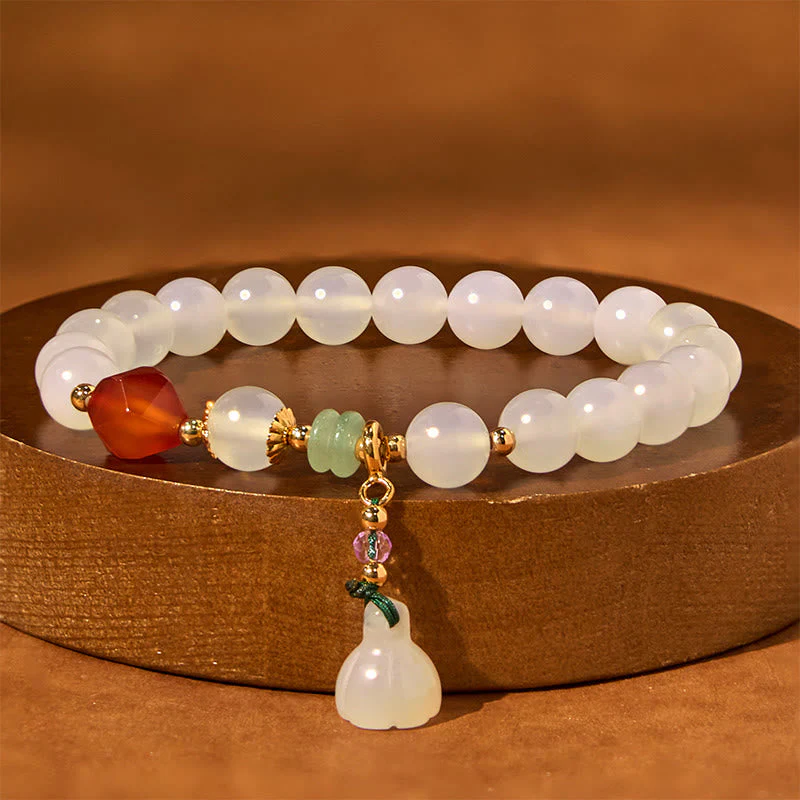 8mm White Agate Red Agate Lotus Pod Charm Luck Bracelet - Image 3