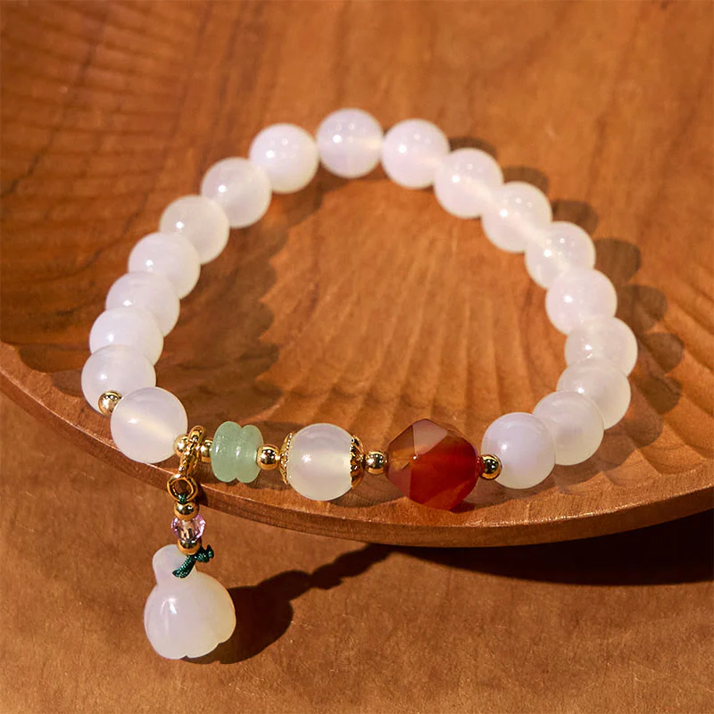 8mm White Agate Red Agate Lotus Pod Charm Luck Bracelet - Image 4