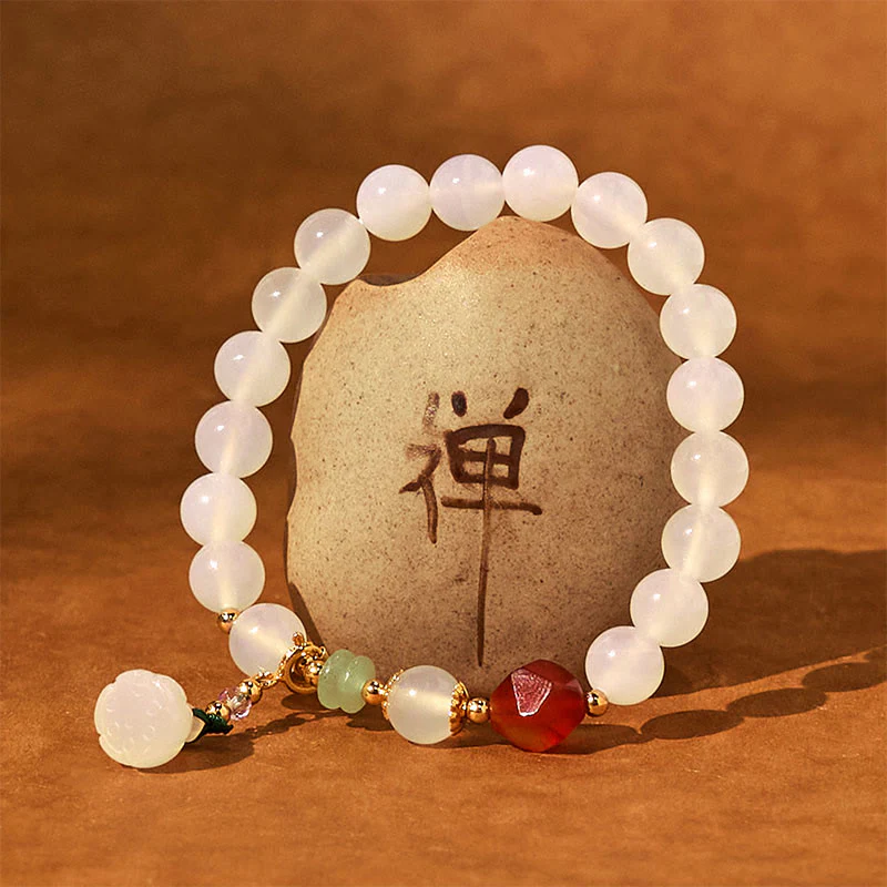 8mm White Agate Red Agate Lotus Pod Charm Luck Bracelet - Image 5