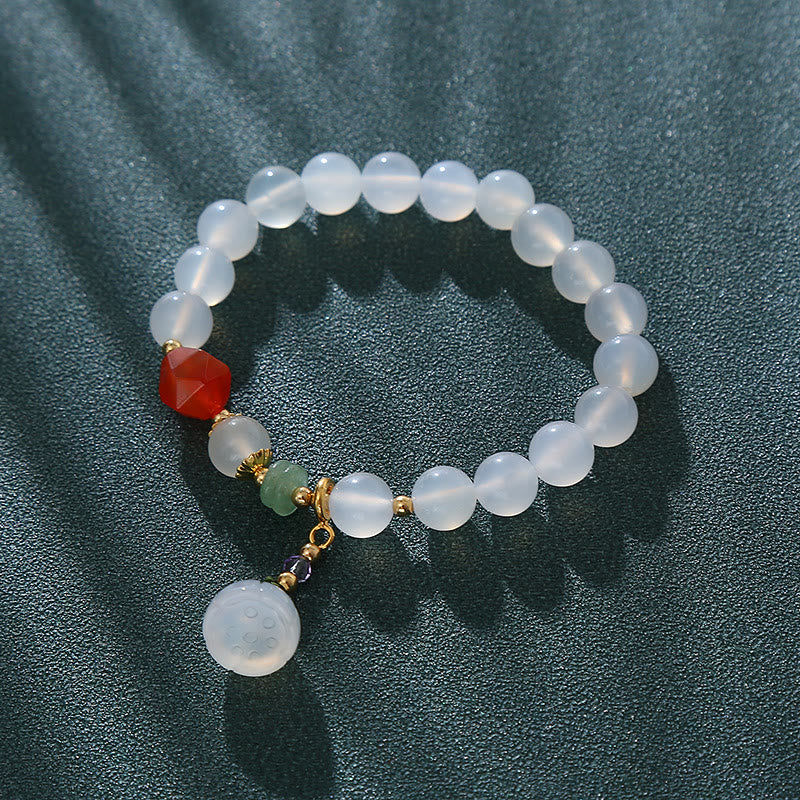 8mm White Agate Red Agate Lotus Pod Charm Luck Bracelet - Image 7