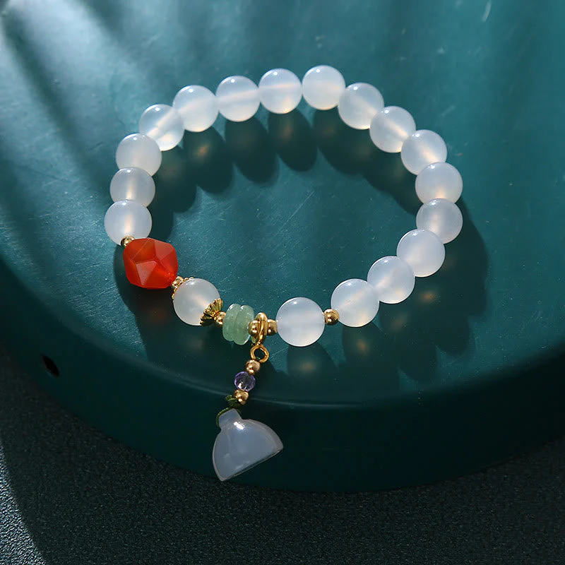 8mm White Agate Red Agate Lotus Pod Charm Luck Bracelet - Image 8