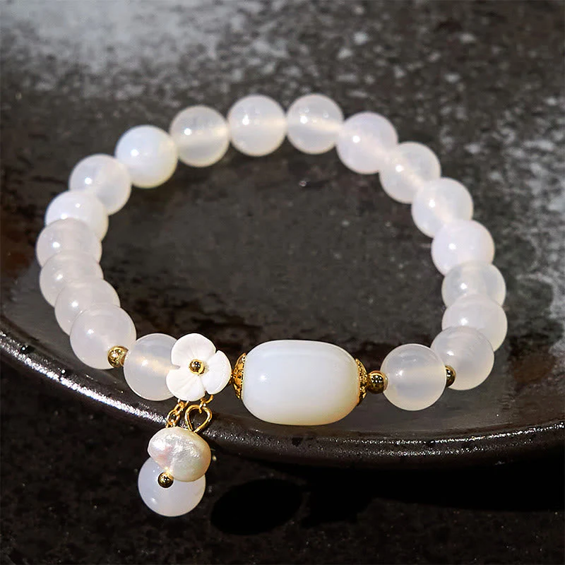 8mm White Agate Luck & Positivity Bracelet with Pearl Charm - Image 2