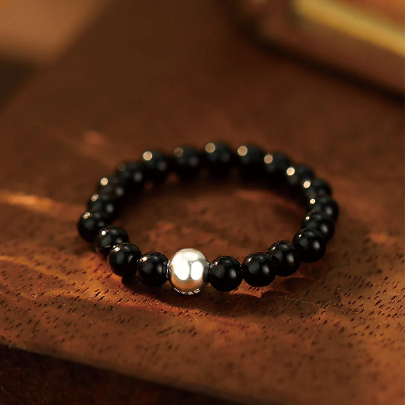 White Jade Black Onyx Crystal Bead Elastic Ring - Image 2