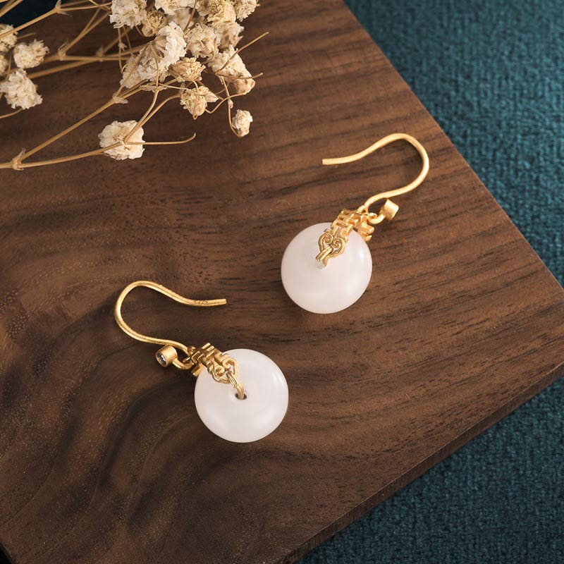 White Jade Double Happiness Fortune Earrings 1.34in Drop - Image 2