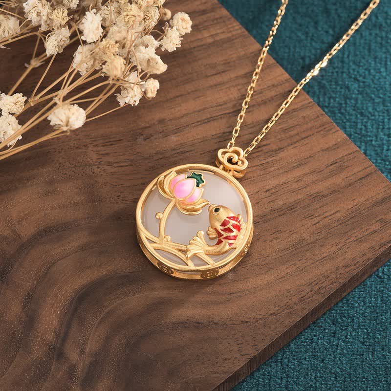 White Jade Koi Fish Lotus Blessing Necklace Pendant - Image 3