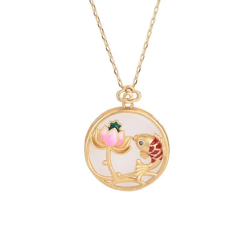 White Jade Koi Fish Lotus Blessing Necklace Pendant - Image 5