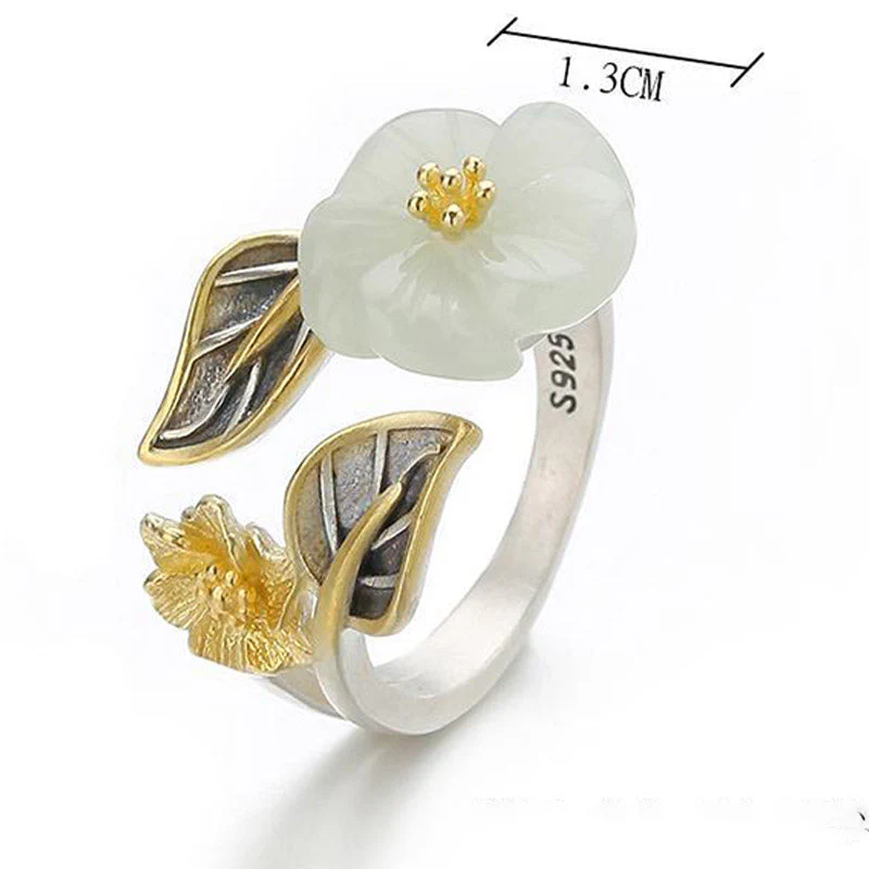 Unisex White Jade Luck Ring with 925 Silver Plated Copper Plum Flower - Image 12