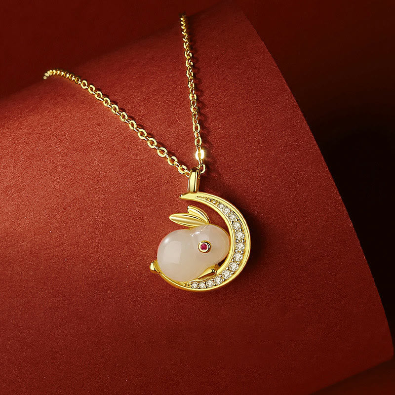 Hetian White Jade Rabbit Crescent Moon Necklace - Image 3