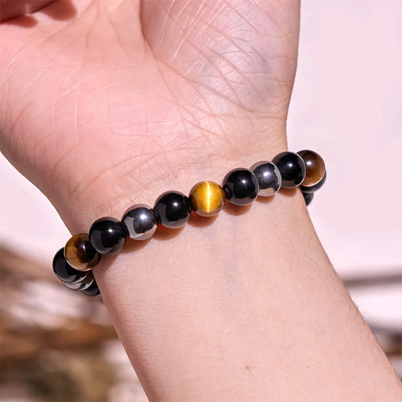 8mm Yellow Tiger Eye Obsidian Hematite Bracelet for Men - Image 2