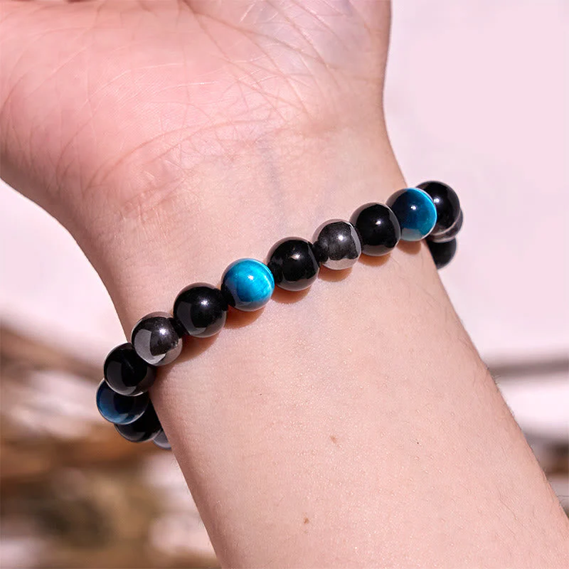 8mm Yellow Tiger Eye Obsidian Hematite Bracelet for Men - Image 23