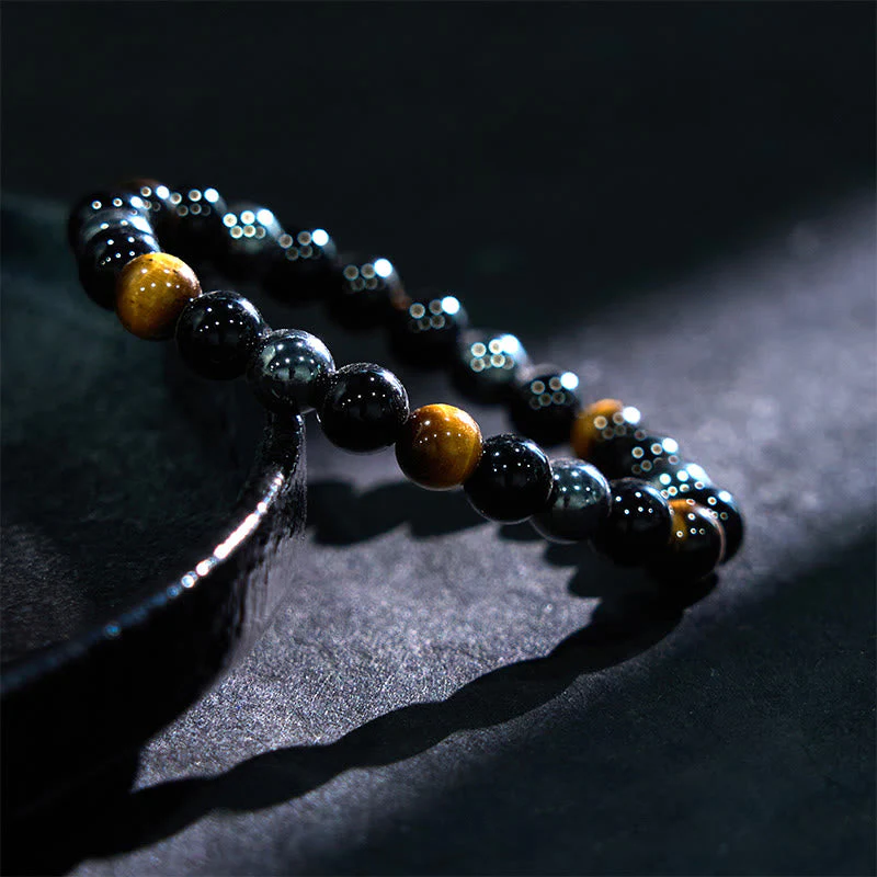 8mm Yellow Tiger Eye Obsidian Hematite Bracelet for Men - Image 3