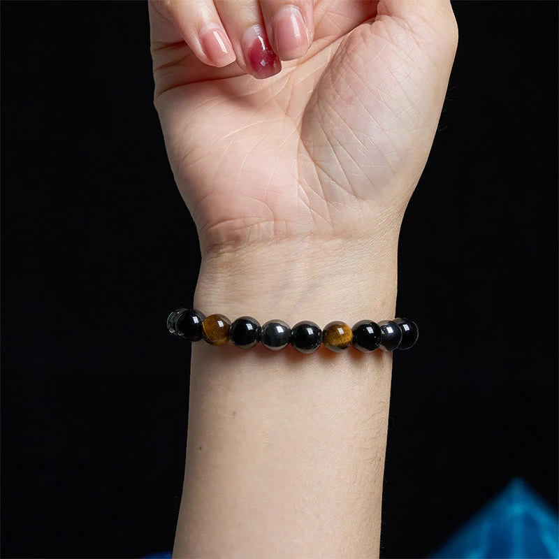 8mm Yellow Tiger Eye Obsidian Hematite Bracelet for Men - Image 5