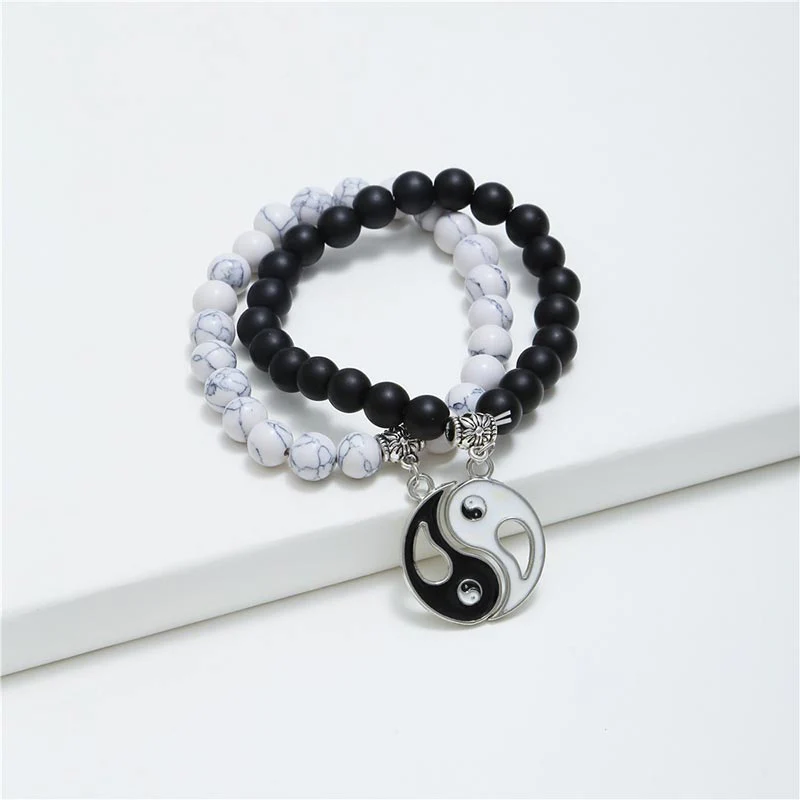 Unisex Yin Yang Bracelet Set with Black Onyx and White Turquoise Beads - Image 2