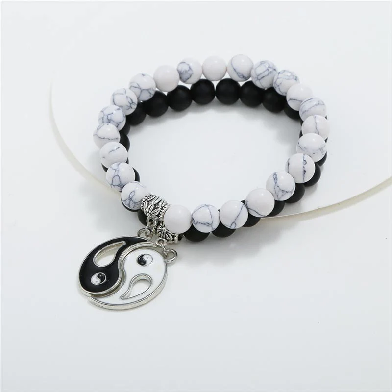 Unisex Yin Yang Bracelet Set with Black Onyx and White Turquoise Beads - Image 6
