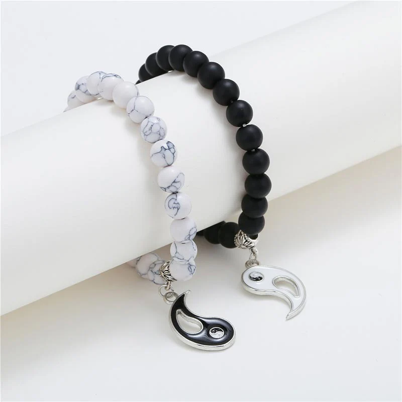 Unisex Yin Yang Bracelet Set with Black Onyx and White Turquoise Beads - Image 7