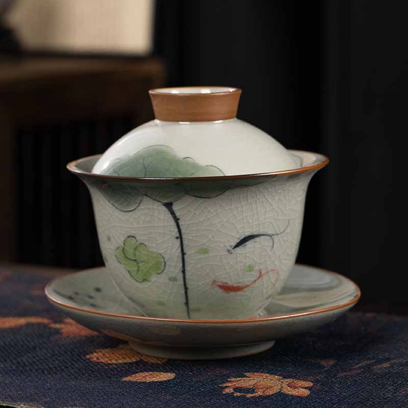 Zen Ceramic Lotus Koi Fish Gaiwan Teacup 140ml - Image 20